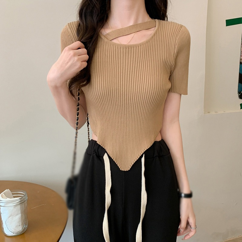 Áo Thun Dệt Kim Màu Trơn Viền Cong Quyến Rũ Thời Trang Đường Phố Mùa Hè Màu Sắc Gợi Cảm Dành Cho Bạn Nữ