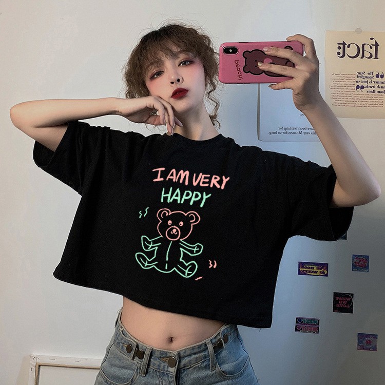 Áo Croptop bigsize kiểu ngắn tay Hàn Quốc in hình gấu Happy Ulzzang C28 - MaoMao