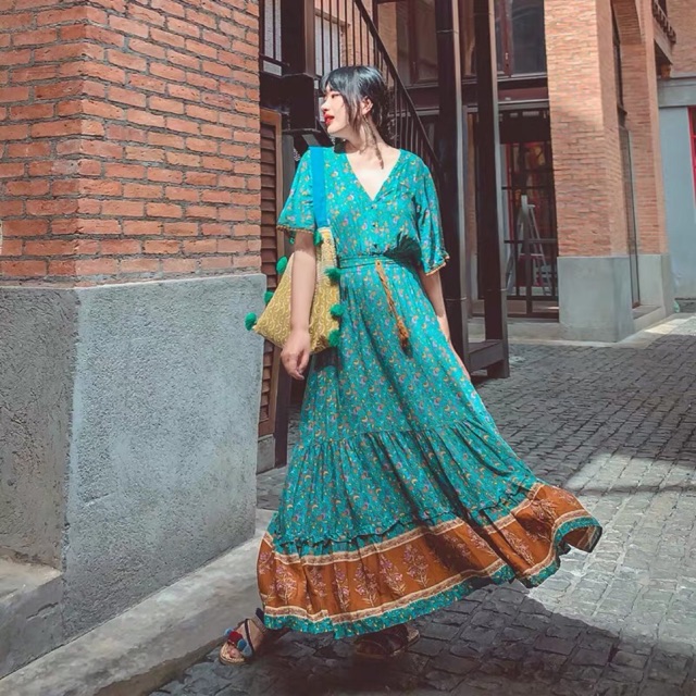 (Ảnh thật) Váy đầm maxi boho thổ cẩm vintage dáng dài tay ngắn cổ V xoè tua rua hoạ tiết đi du lịch chụp ảnh