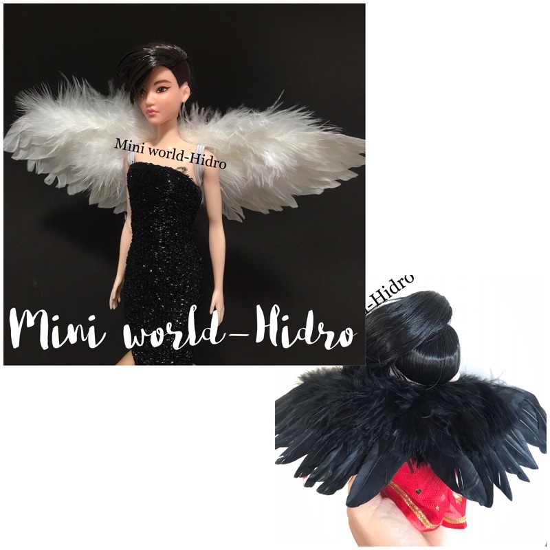 Phụ kiện mô hình cánh thiên thần trắng đen lông vũ búp bê Barbie Baboliy BJD tỉ lệ 1/8, 1/6