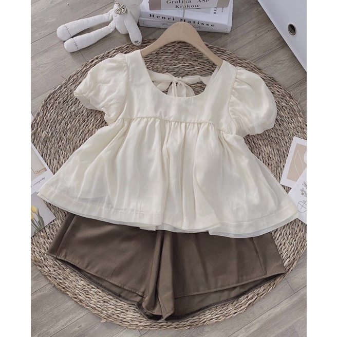 Set áo babydoll nơ sau be sữa mix quần nâu ulzzang