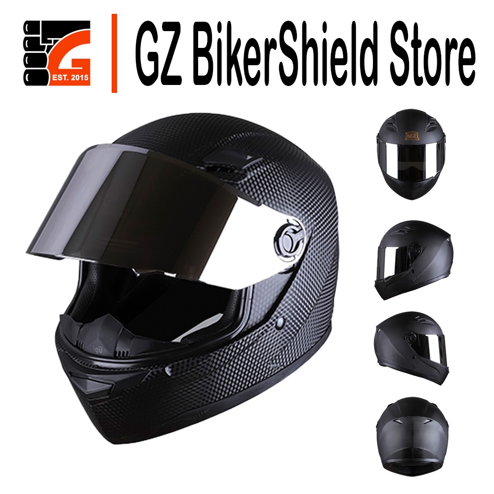 Mũ Bảo Hiểm Fullface AGU Đen vân Carbon logo đồng