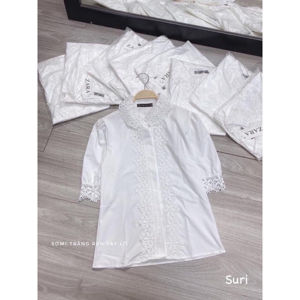 ÁO SƠ MI NỮ TRẮNG TAY BỒNG PHỐI VIỀN REN