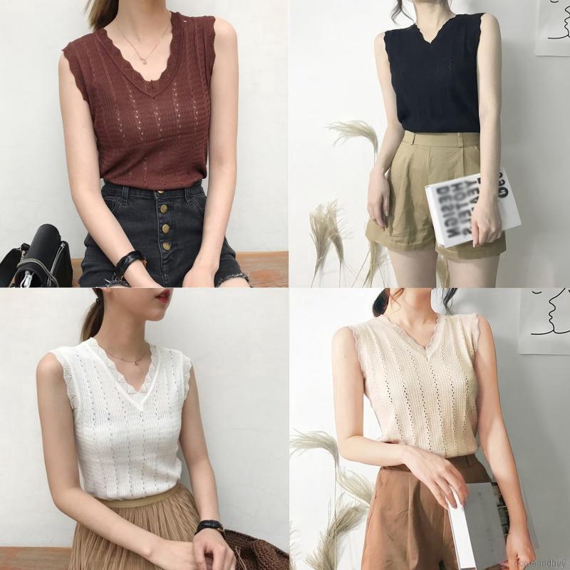 Áo Dệt Kim Không Tay Cổ V Thời Trang Hàn Quốc Cho Nữ