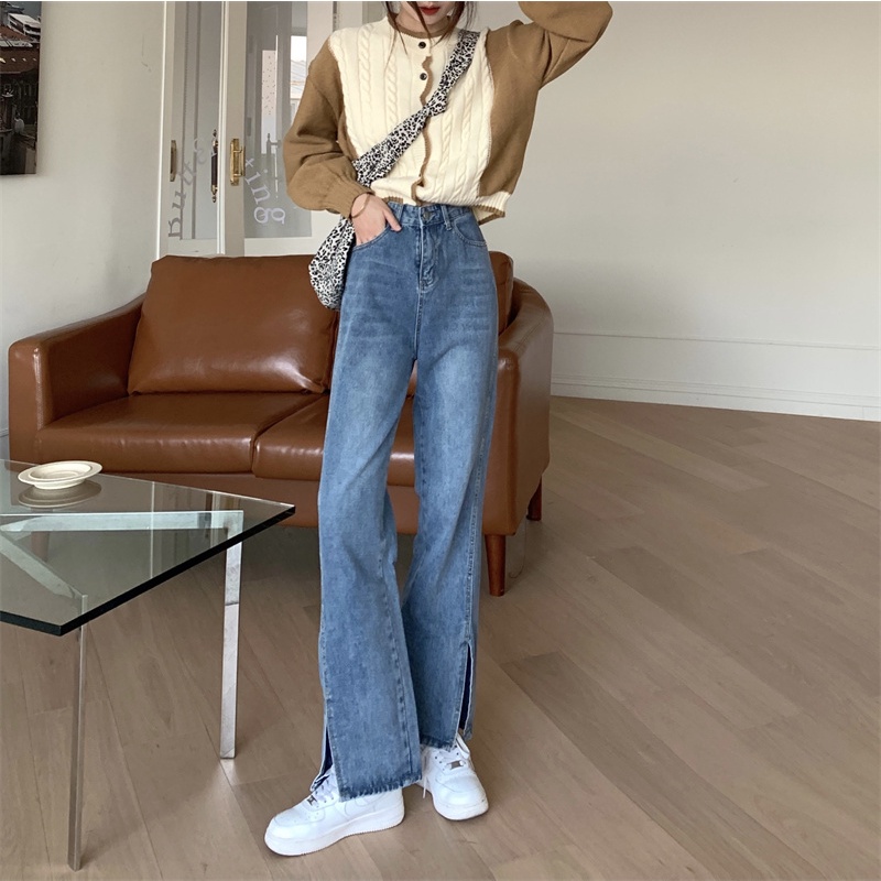 Quần jeans dài lưng cao ống rộng thời trang cho nữ