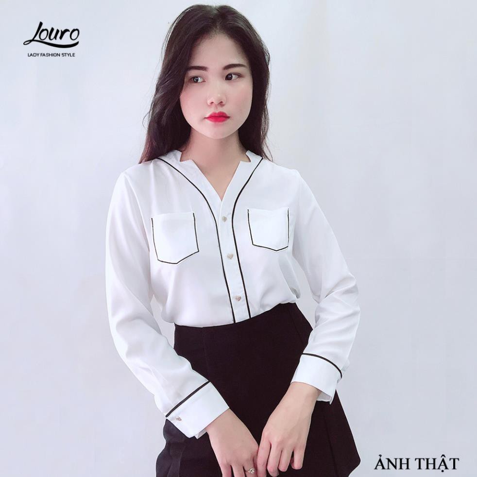 Áo voan công sở Louro L307,CÓ ẢNH THẬT SHOP CHỤP mẫu áo sơ mi túi ngực, cổ chữ V cách điệu 😍 *