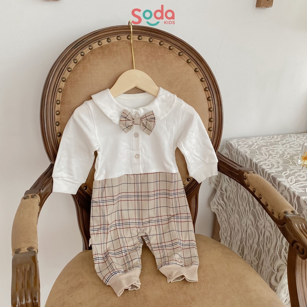 Bộ liền thân cổ sen caro kèm nơ cổ (Ảnh thật)