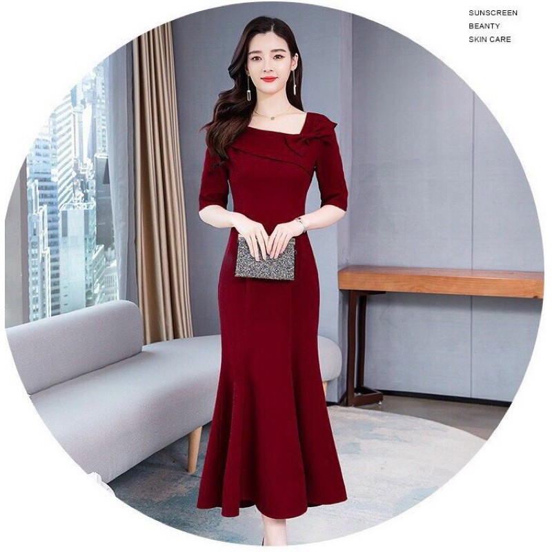 ĐẦM ÔM ĐUÔI CÁ ĐÍNH NƠ NỮ XANH ĐỎ HÀNG THIẾT KẾ CAO CẤP