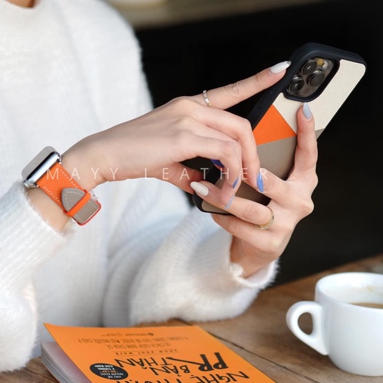 Combo Ốp + Dây Mix Orang Gray Da Bê Epsom Cao Cấp