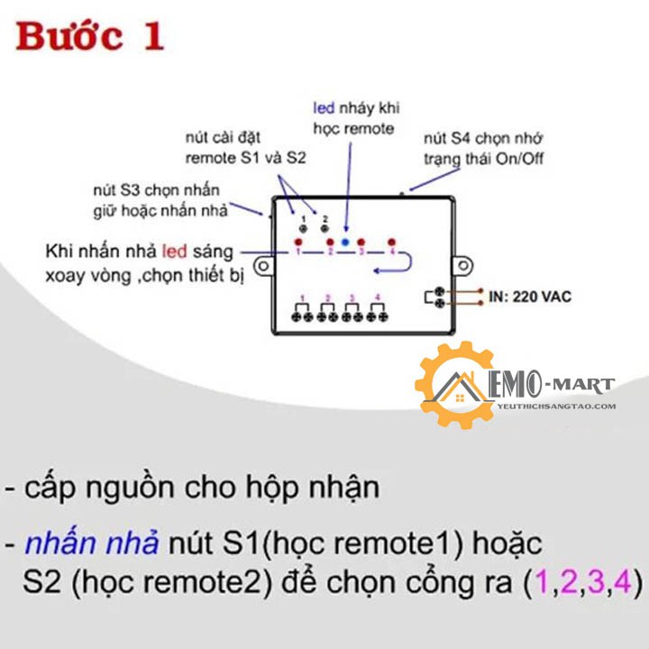 [ BH 1 Đổi 1- 30 Ngày ] 💦 Công tắc điều khiển từ xa RF 4 cổng RC5G4 💦 Học lệnh tần số 315Mhz - Khoảng cách ĐK 50m