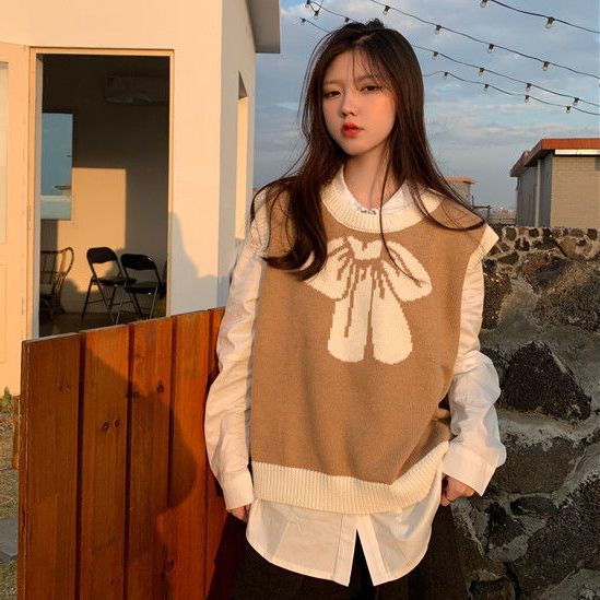 Set Áo Sơ Mi Tay Dài Và Áo Len Không Tay Cổ Chữ V Form Rộng Màu Sắc Thời Trang Hàn Quốc Cho Nữ