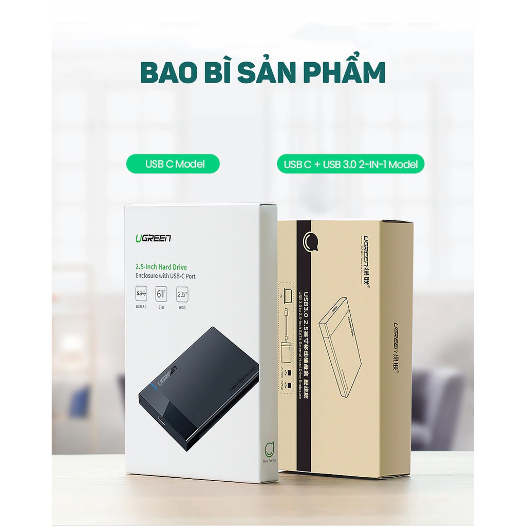 Hộp đựng ổ cứng 2.5 inch SSD, HDD hỗ trợ 6TB,chuẩn SATA UGREEN US221 vỏ nhựa ABS - Hàng phân phối chính hãng