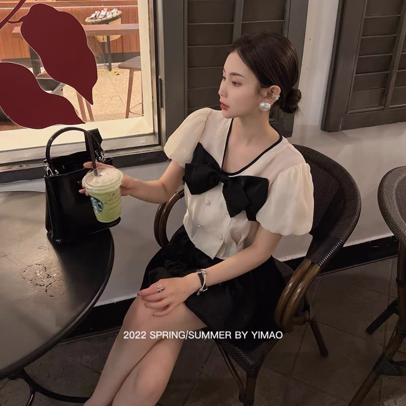 Set Áo Tơ Nơ Cổ Viền Mix Chân Váy Đen Siêu Xinh Có Ảnh Thật, Set Bộ Nữ Hàn Quốc Cute