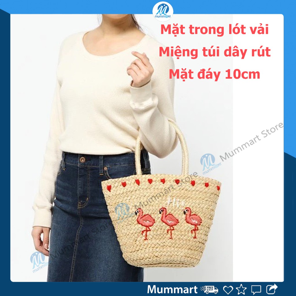 Túi cói xách tay thêu hồng hạc thủ công kích thước lớn - Mummart