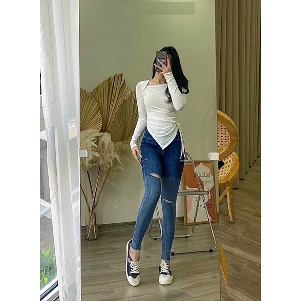 Quần jean dài BIGSIZE Lưng cao, màu xám lông chuột loang 2 màu, co dãn mạnh rẻ đẹp cắt rách 3889 Moliruan
