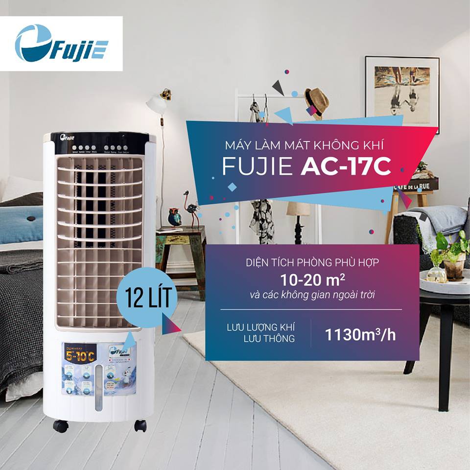 Quạt làm mát không khí phòng 20m2 nhập khẩu FUJIE AC-17C, điều khiển từ xa, ion âm diệt vi khuẩn- BH 2 năm