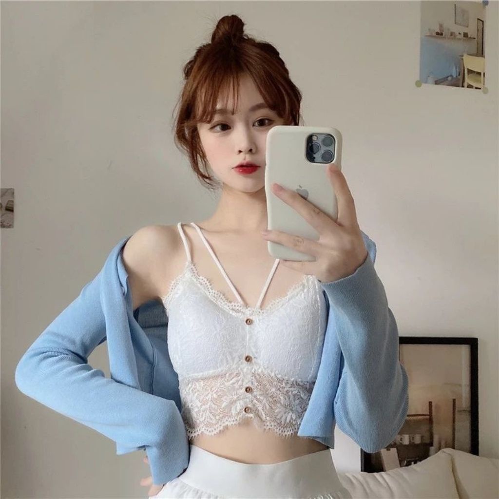 Áo bra nữ ren 2 dây đệm mút mỏng ôm ngực đính cúc cực đẹp sexy và đáng yêu DOPICO B7252