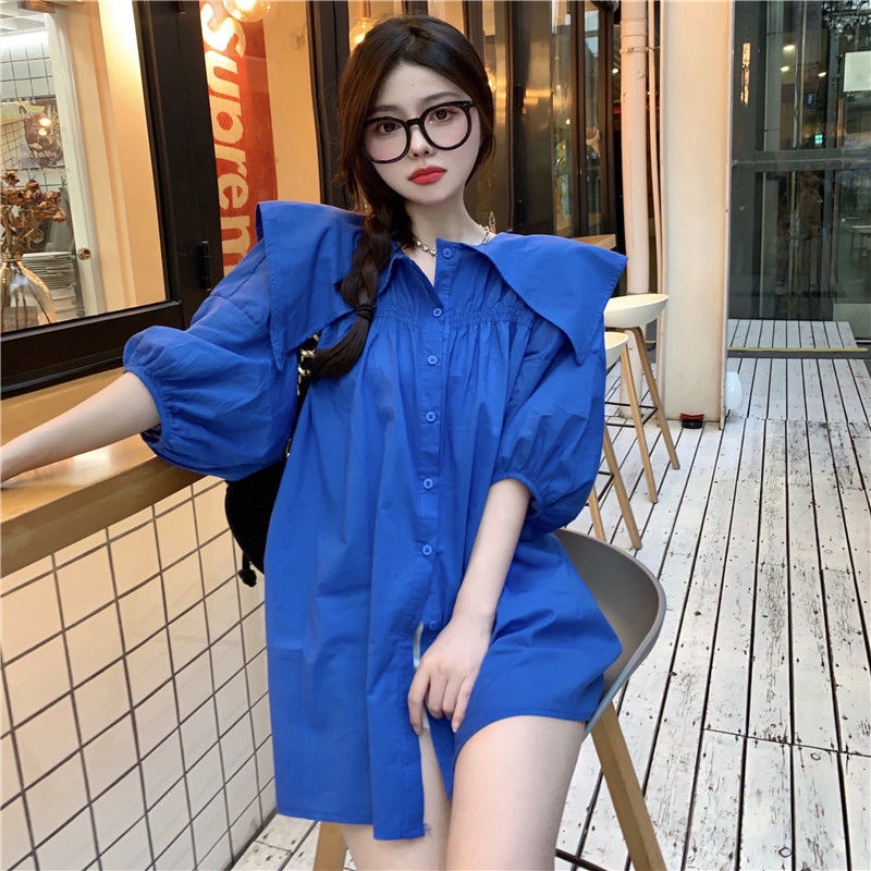 Đầm Sơ Mi Cổ Búp Bê Tay Phồng Dáng Rộng Thời Trang Mùa Hè Cho Nữ