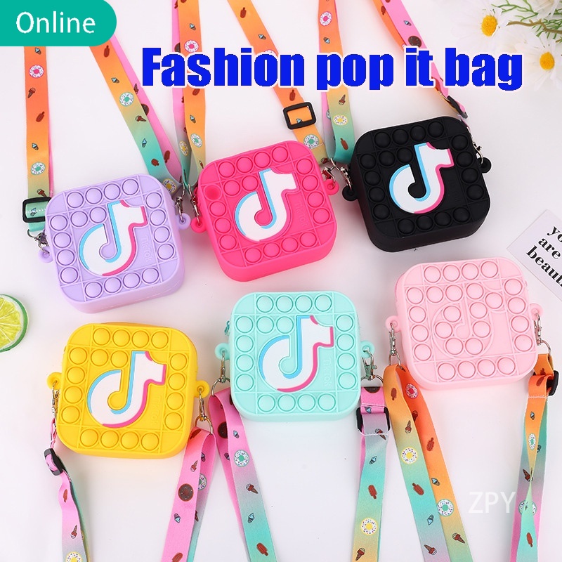 LOGO TikTok Pop It Fidget Túi đồ chơi , Ví tiền xu, Đẩy bong bóng Túi đeo vai, Giảm bớt căng thẳng