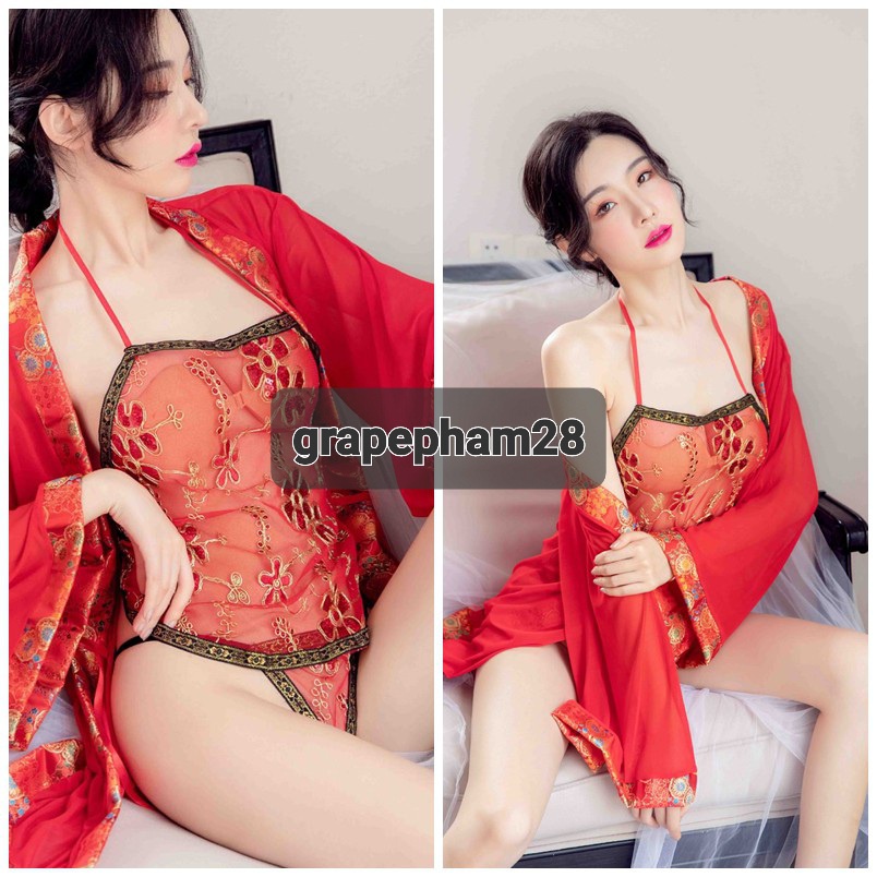 Bộ đồ hóa trang Cosplay cô dâu cổ trang Trung Hoa áo choàng + set yếm hoa + 2 quần lọt khe | BigBuy360 - bigbuy360.vn