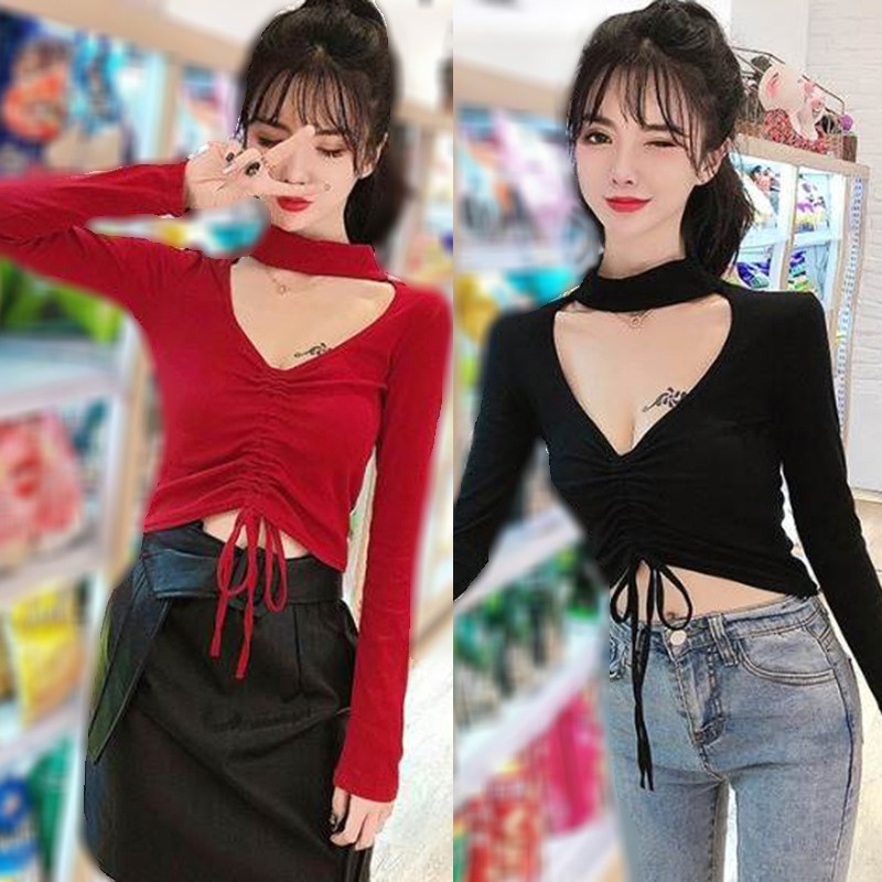 Áo thun nữ tay dài cổ chữ V phong cách Hàn Quốc