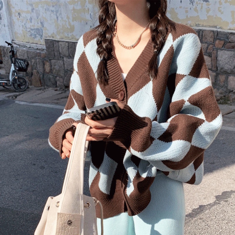 Áo Khoác Cardigan Dệt Kim Cổ Chữ V Dáng Rộng Hoạ Tiết Hình Thoi Phong Cách Retro