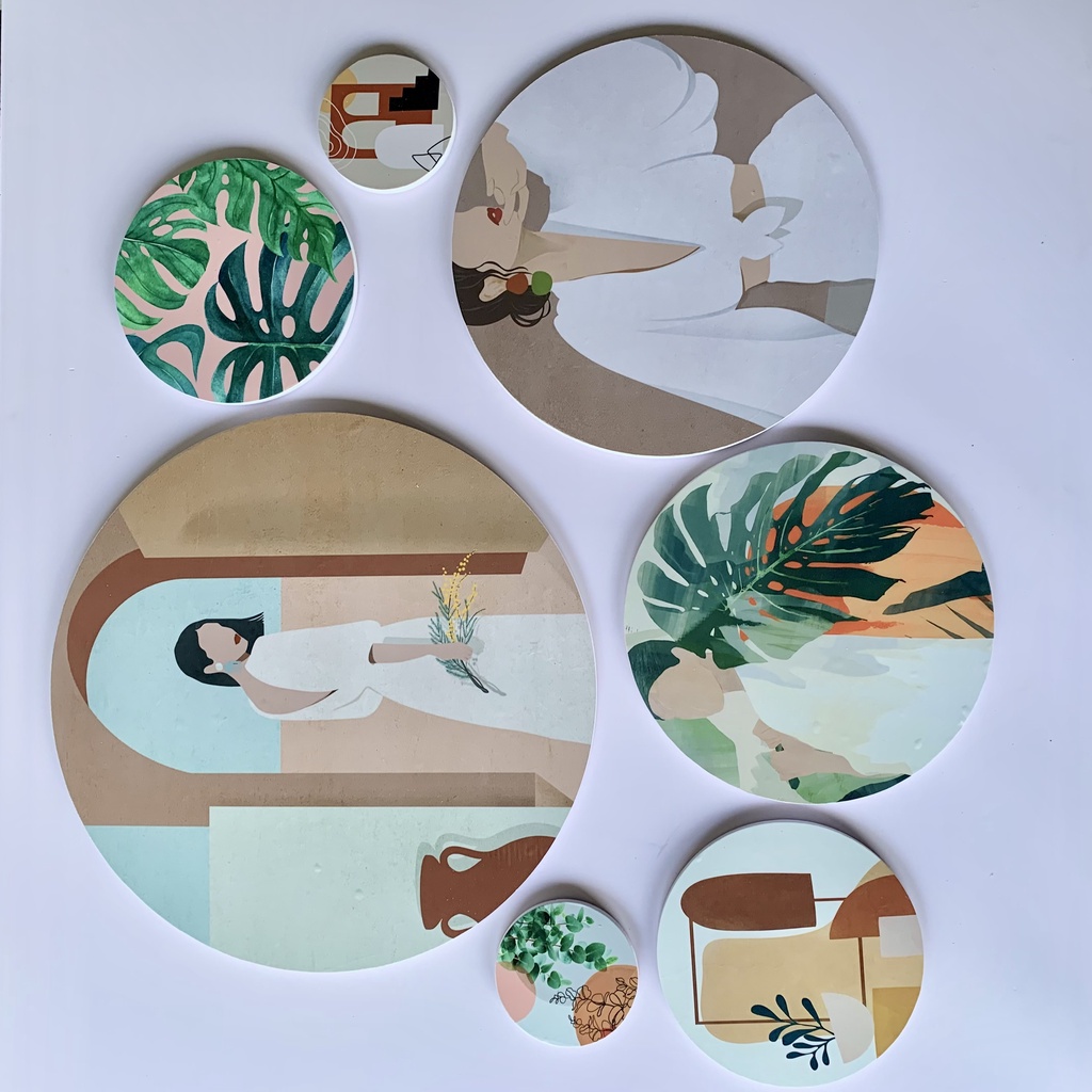 Tranh tròn dán tường Luhau Girl and Leaf mix style Minimalism và Scandanivian tối giản Hàn Quốc