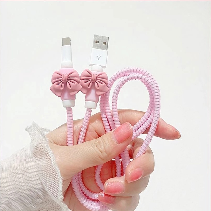 1 Cặp Nút Bảo Vệ Dây Cáp Sạc USB Chống Gãy Hình Nơ Hoạt Hình Đáng Yêu iphone