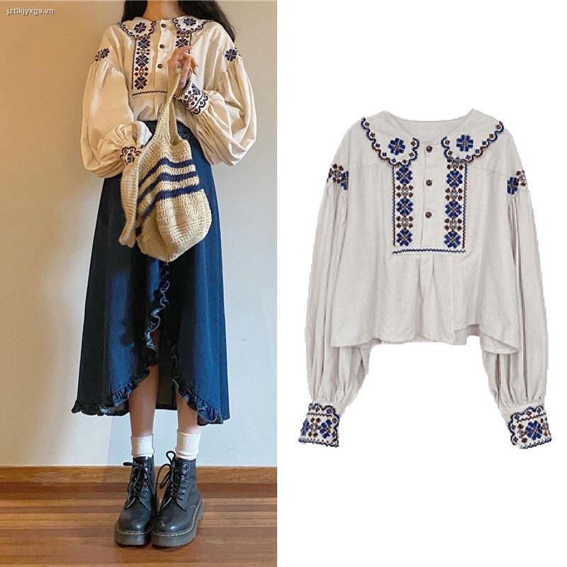 Set áo sơ mi cổ búp bê và chân váy denim phong cách cổ điển thời trang cho nữ