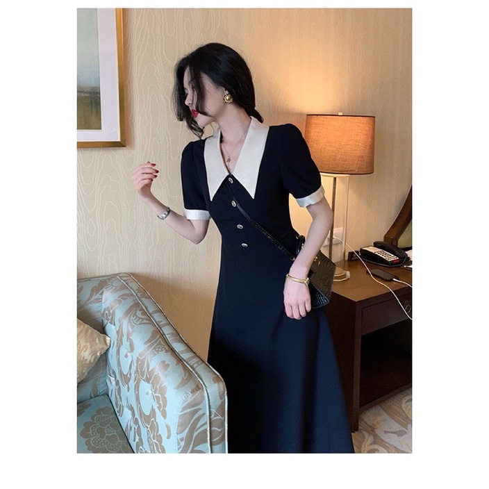 Đầm Váy Midi Đen Cổ Sen Phối Trắng Mặc Đi Làm Đi Chơi