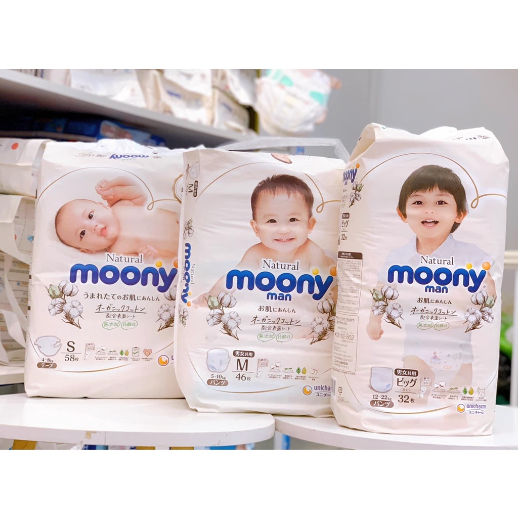 Bỉm Moony Natural Trắng nội địa nhật quần/dán size NB63/ S58/ M46/ L36/ l38/ XL32