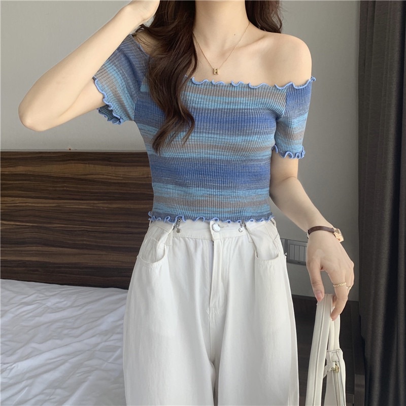 áo len thun trễ vai phối màu trẻ trung (45610#)