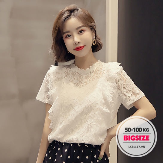 Áo ren tiểu thư Bigsize Áo kiểu nữ form rộng tay ngắn cổ tròn mùa hè Phong cách Hàn Quốc Thời Trang tiểu thư cá tính xinh đẹp bigsizegiaree