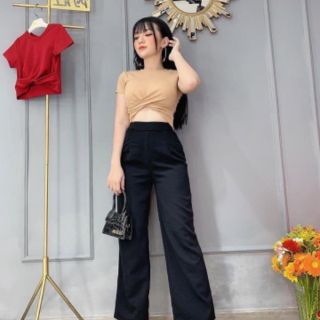 Áo phông croptop xoắn bụng còn màu hồng nhạt xả kho