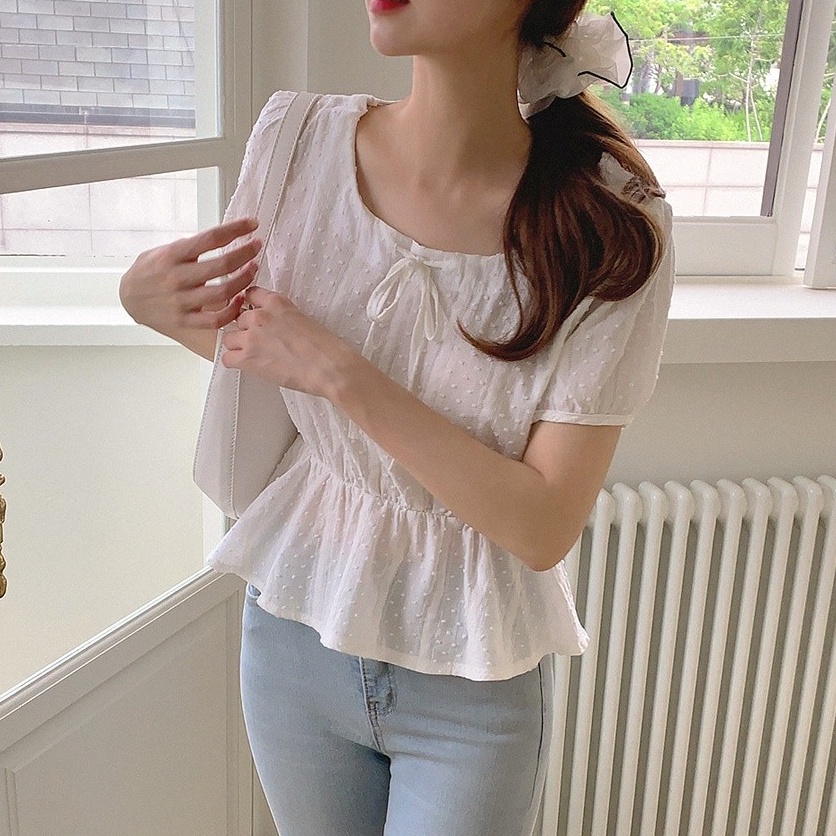 SUXI Áo Sơ Mi Tay Ngắn Cổ Vuông Màu Trơn Ngọt Ngào Dễ Thương Phong Cách Hàn Quốc Thời Trang Mùa Hè Cho Bạn Gái