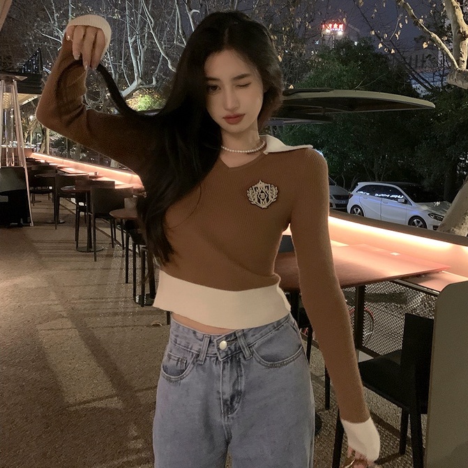 Áo croptop ZHELIHANGFEI vải len tay dài cổ polo phong cách trẻ trung cá tính dễ phối đồ