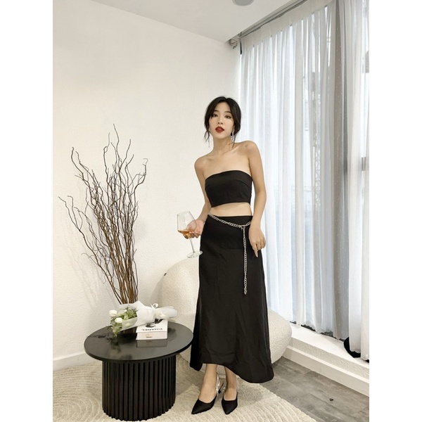 Set váy dài cúp ngực Jersey - Đen, Trắng