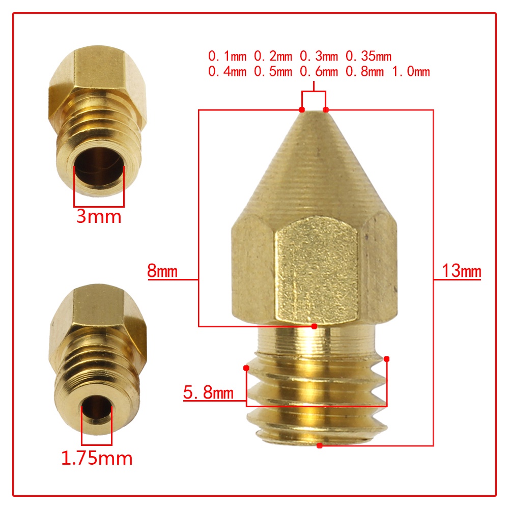 1 Vòi Phun Bằng Đồng MK7 MK8 M6 1.75mm/3mm 0.1mm-1.0mm Cho Ender3 Pro