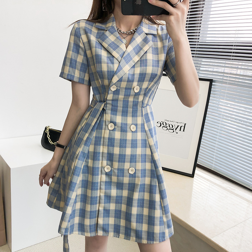 Đầm Ngắn Tay Họa Tiết Ca Rô Ca Rô Cổ Suit Thời Trang Dành Cho Nữ