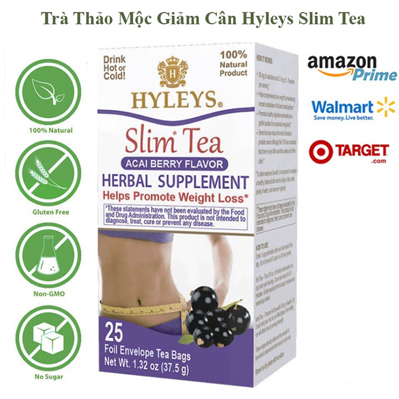 Slim tea Hyleys Trà thảo mộc USA - Trà giảm cân - uống buổi sáng, buổi tối Acai Berry, Goji Berry