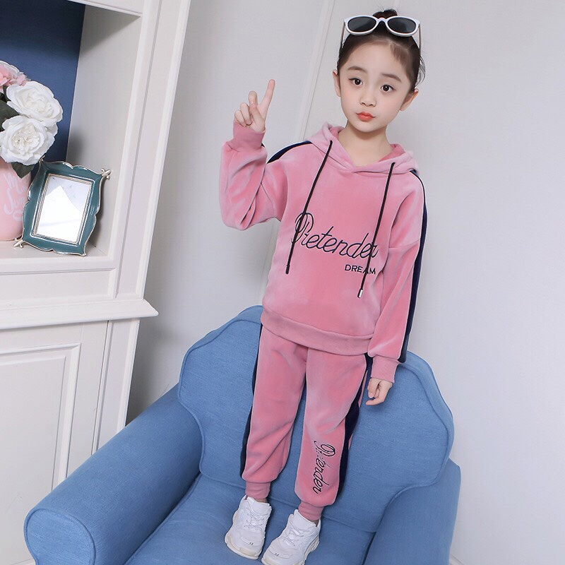 Bộ quần áo nỉ da cá thu đông &quot;DREAM&quot; 18-45kg cho bé gái 4-14 tuổi. Hoodie phối mũ xinh xắn. G33