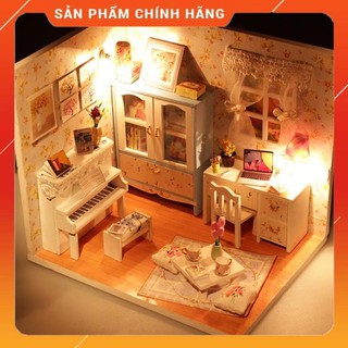 Đồ chơi ngôi nhà búp bê mô hình lắp gáp gỗ phòng ngủ của bé có đèn tăng kèm kiếng chống bụi