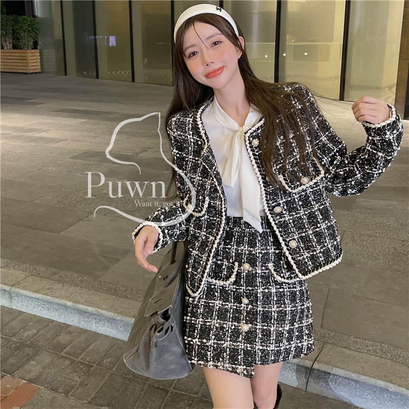 Set váy dạ tiểu thư thanh lịch áo vest kết hợp chân váy xéo Puwn Shop
