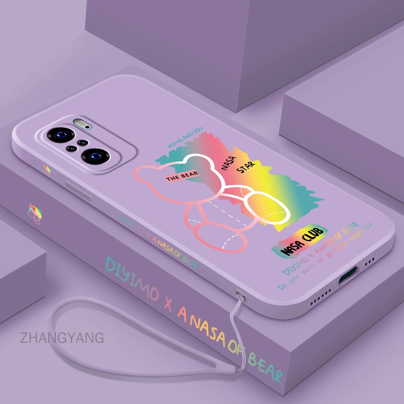 Ốp Điện Thoại TPU Silicon Viền Thẳng Họa Tiết Gấu Kèm Dây Đeo Cho Redmi note 10 pro note 10