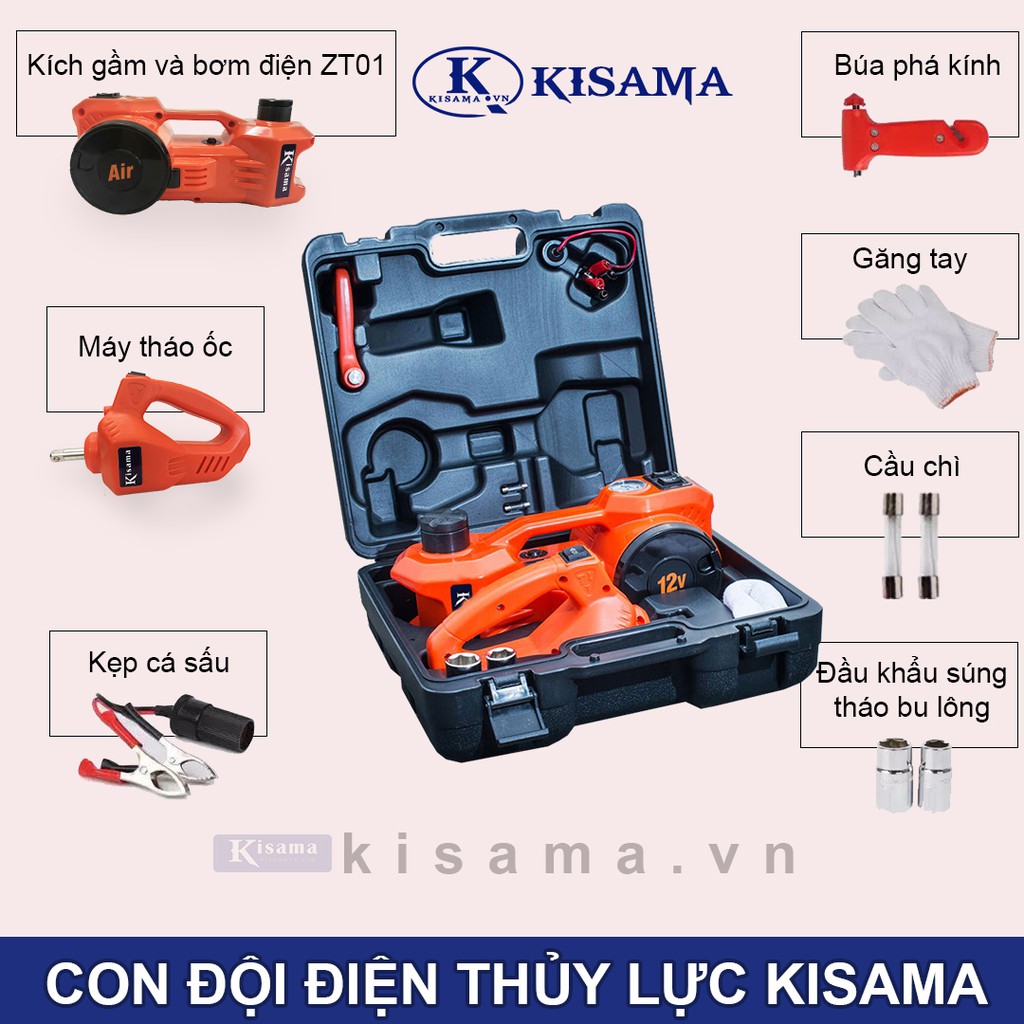 Con đội điện 3in1 KISAMA chính hãng Mẫu ZT01| Bộ kích nâng gầm ô tô 12v, cứu hộ ô tô