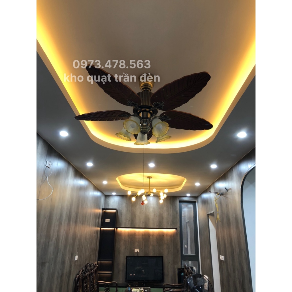 Quạt trần có đèn 5 chao cánh gỗ hình lá cây decor phòng khách biệt thự nhà hàng khách sạn,remote từ xa
