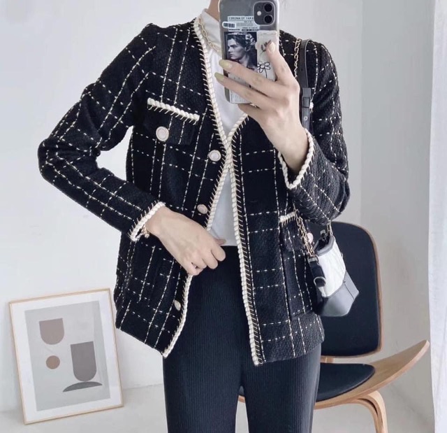 Áo dạ tweed kẻ nhũ viền | BigBuy360 - bigbuy360.vn