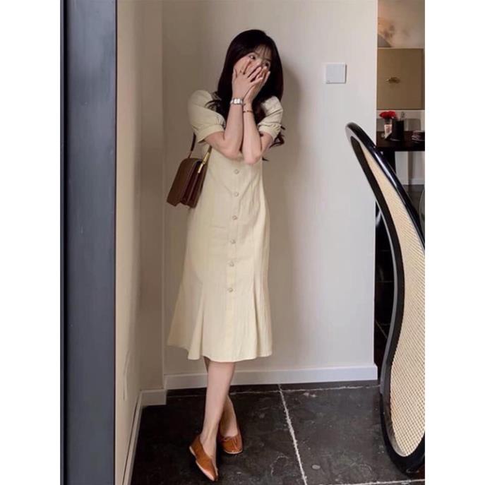 Đầm thiết kế tay bồng dáng đuôi cá dài màu be cúc ngọc Mayan Store Váy nữ đuôi cá kiểu dáng Hàn Quốc