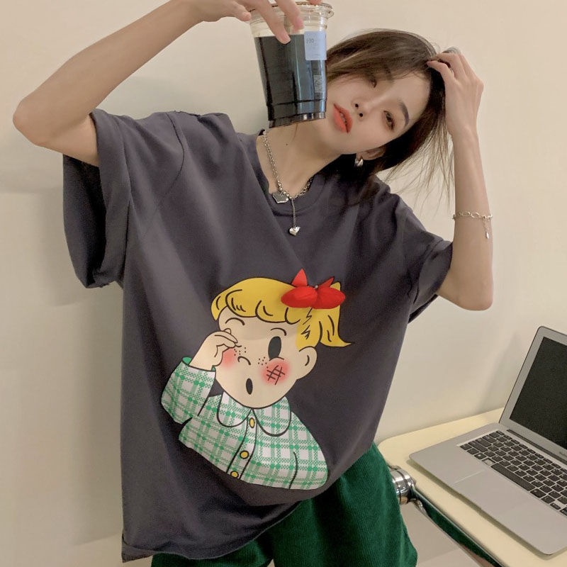 Jiashucheng Áo Thun Dáng Rộng Đính Nơ Dễ Thương Thời Trang Mùa Hè Cho Bạn Gái