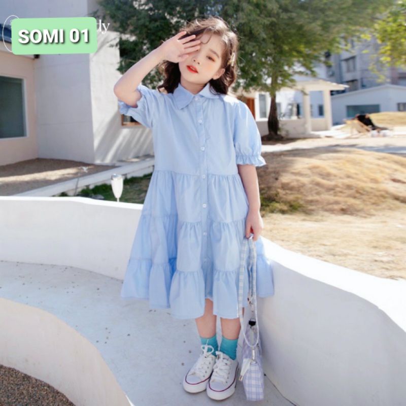 Váy đầm bé gái 1-10 tuổi Sofia Candy đi học sơ mi thủy thủ, màu xanh hồng cotton thô lụa váy nhiều tầng rộng bồng bềnh